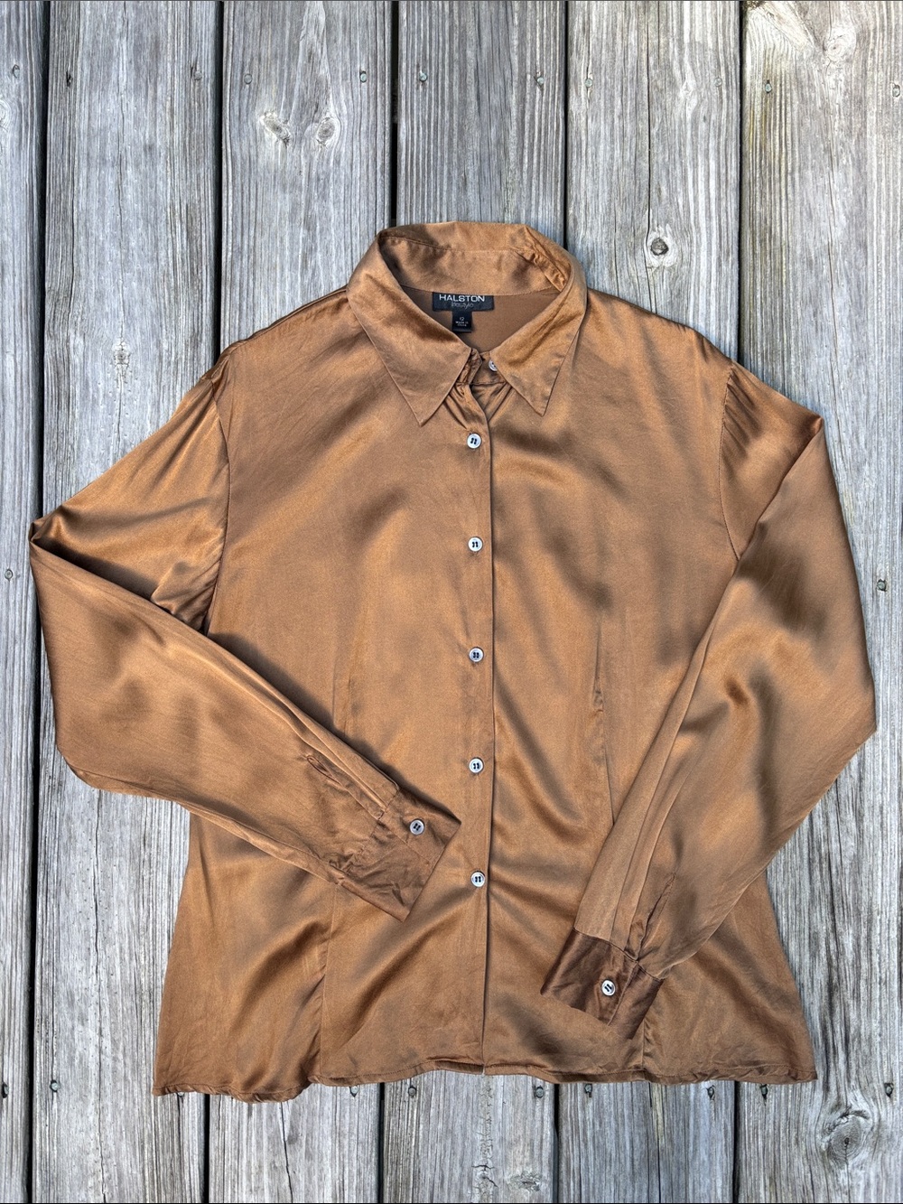 HALSTON LIFESTYLE | Bronze Stretch Silk Quiet Luxury Minimalist Shirt | Size 12